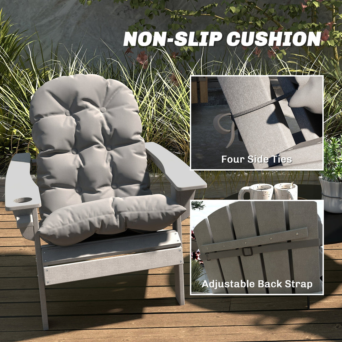 Set of 2 Adirondack Chair Cushions, Tufted High Back, Non-Slip, Gray