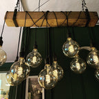 Rustic Oak Beam Chandelier with Wrapped Cables and Steel Brackets