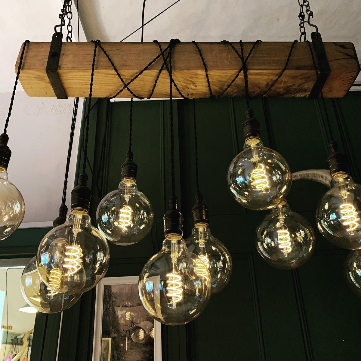 Rustic Oak Beam Chandelier with Wrapped Cables and Steel Brackets