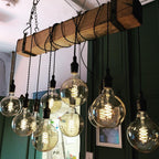 Rustic Oak Beam Chandelier with Wrapped Cables and Steel Brackets