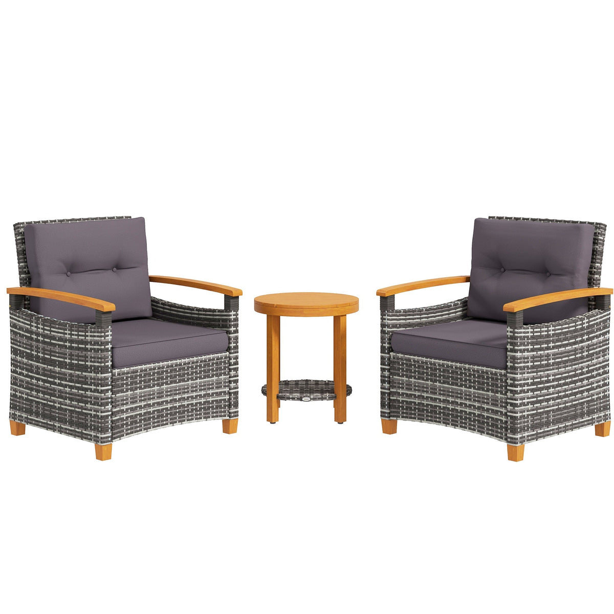 3 Pieces Outdoor Bistro Set with Acacia Wood Coffee Table and 2 Rattan Chairs, Gray