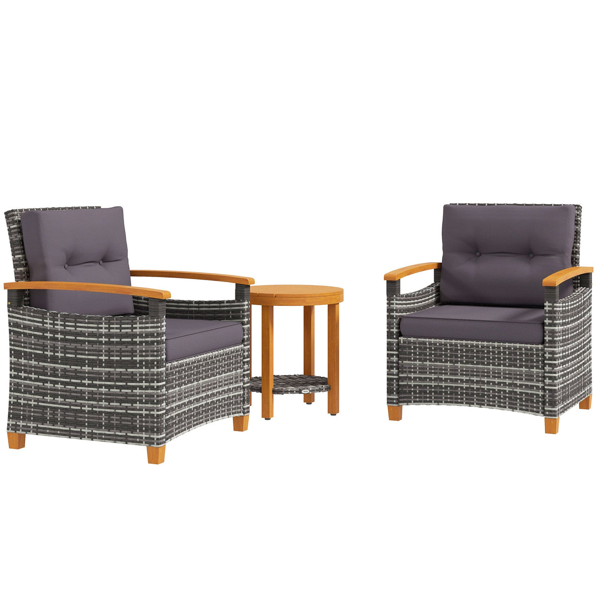 3 Pieces Outdoor Bistro Set with Acacia Wood Coffee Table and 2 Rattan Chairs, Gray