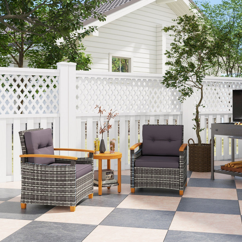 3 Pieces Outdoor Bistro Set with Acacia Wood Coffee Table and 2 Rattan Chairs, Gray