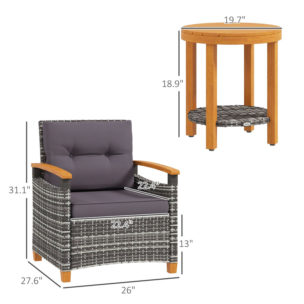3 Pieces Outdoor Bistro Set with Acacia Wood Coffee Table and 2 Rattan Chairs, Gray