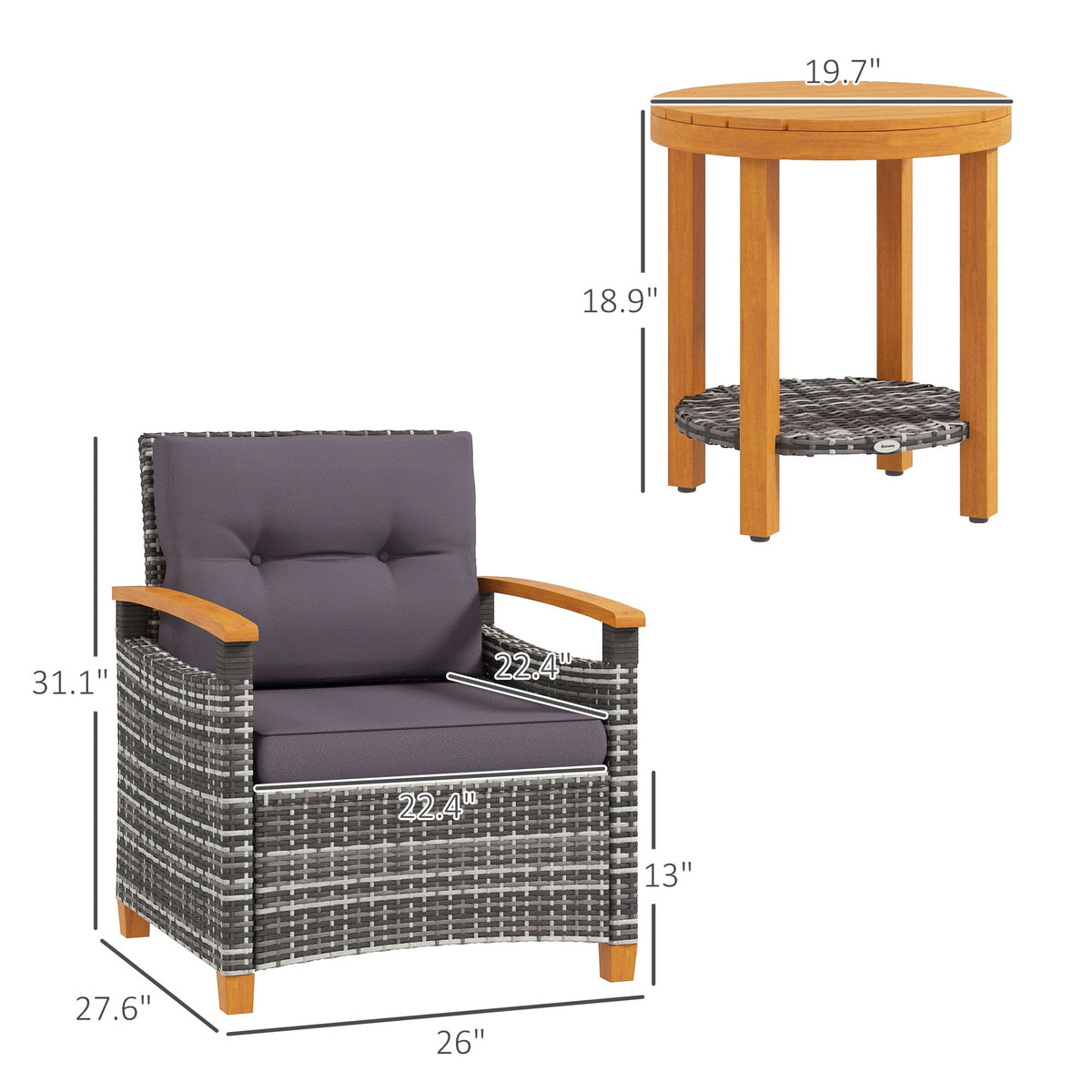 3 Pieces Outdoor Bistro Set with Acacia Wood Coffee Table and 2 Rattan Chairs, Gray