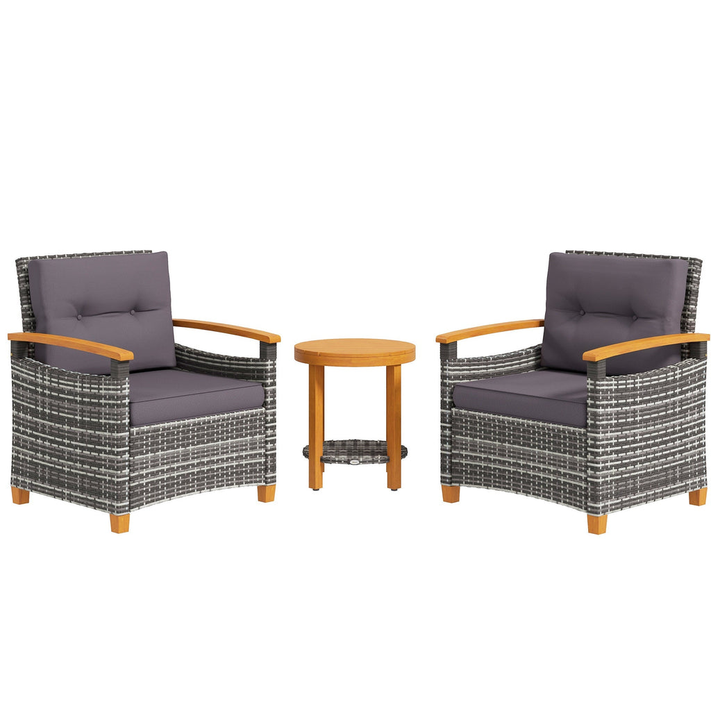 3 Pieces Outdoor Bistro Set with Acacia Wood Coffee Table and 2 Rattan Chairs, Gray