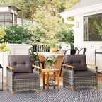 3 Pieces Outdoor Bistro Set with Acacia Wood Coffee Table and 2 Rattan Chairs, Gray