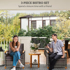 3 Pieces Outdoor Bistro Set with Acacia Wood Coffee Table and 2 Rattan Chairs, Gray