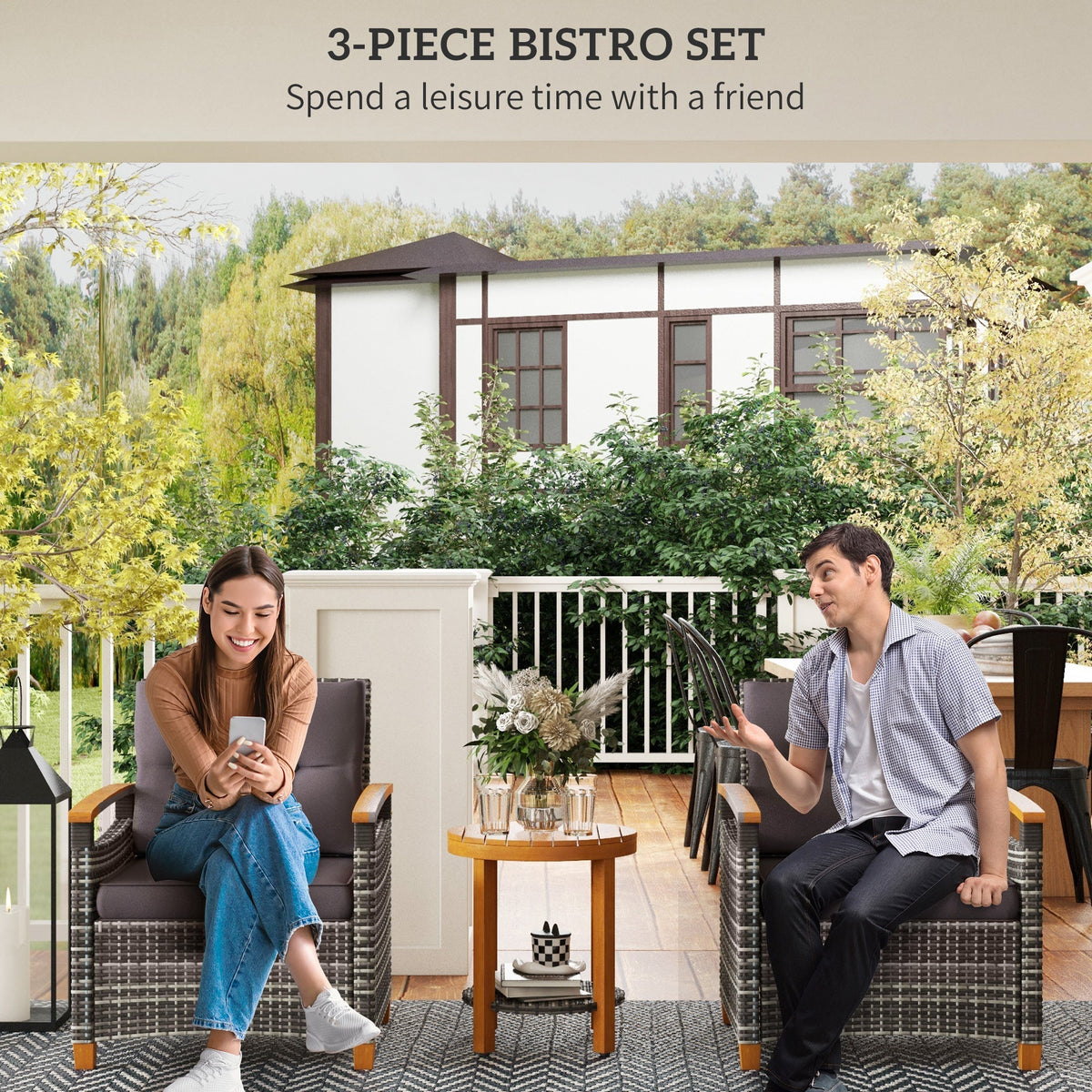 3 Pieces Outdoor Bistro Set with Acacia Wood Coffee Table and 2 Rattan Chairs, Gray