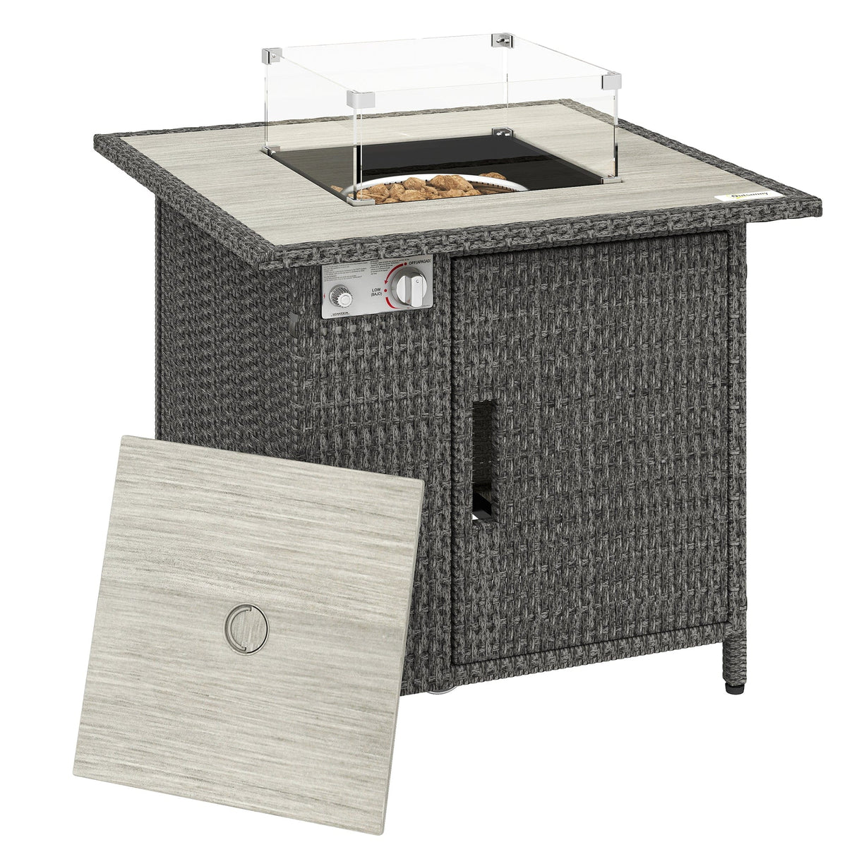 Outsunny 14.5 KW Rattan Gas Fire Pit Dining Table with Rain Cover, Wind Guard, Lid, Lava Rocks, Dark Grey