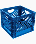 Blue plastic Clam Crates with open lattice sides and built-in handles for easy carrying, suitable for organizing fishing tackle and gear.