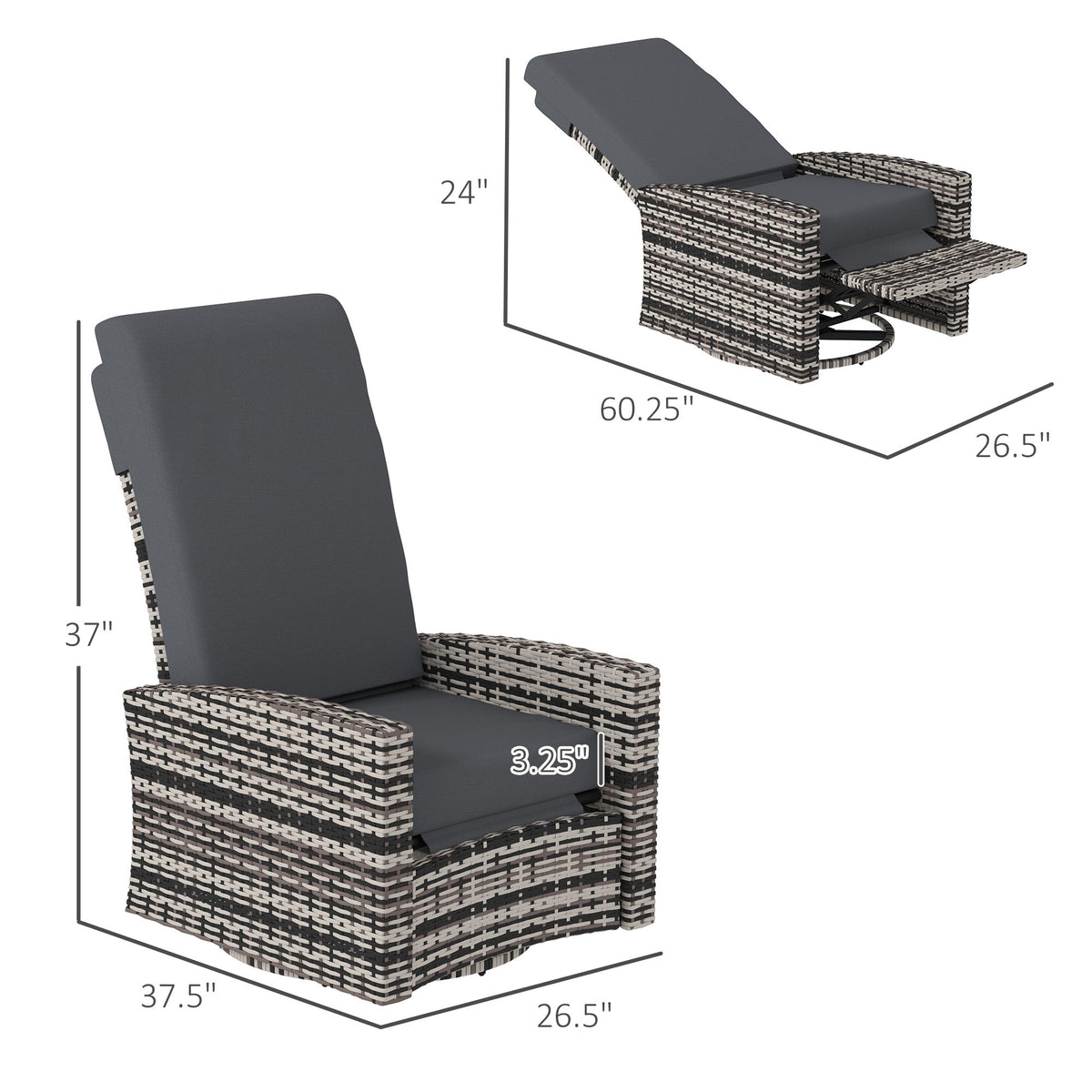 Wicker Swivel Reclining Garden Chair with Lifting Footrest, Water-Resistant Cushions, Gray