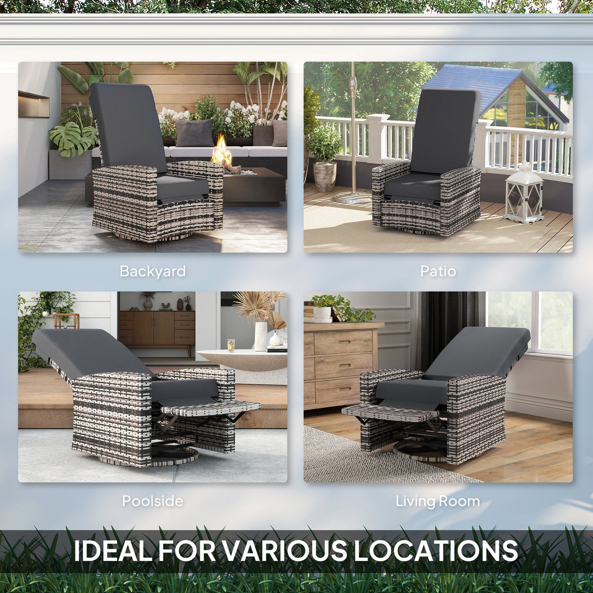Wicker Swivel Reclining Garden Chair with Lifting Footrest, Water-Resistant Cushions, Gray