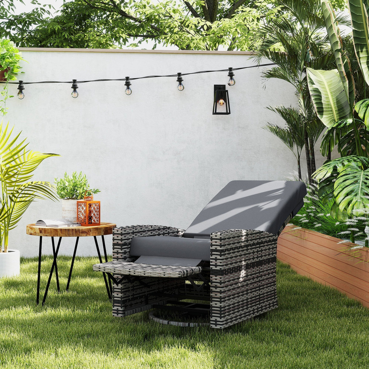 Wicker Swivel Reclining Garden Chair with Lifting Footrest, Water-Resistant Cushions, Gray