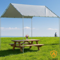 Silver 10' x 10' tarp cover creating backyard shade protection