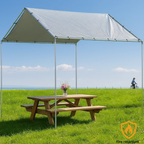 Silver 10' x 10' tarp cover creating backyard shade protection