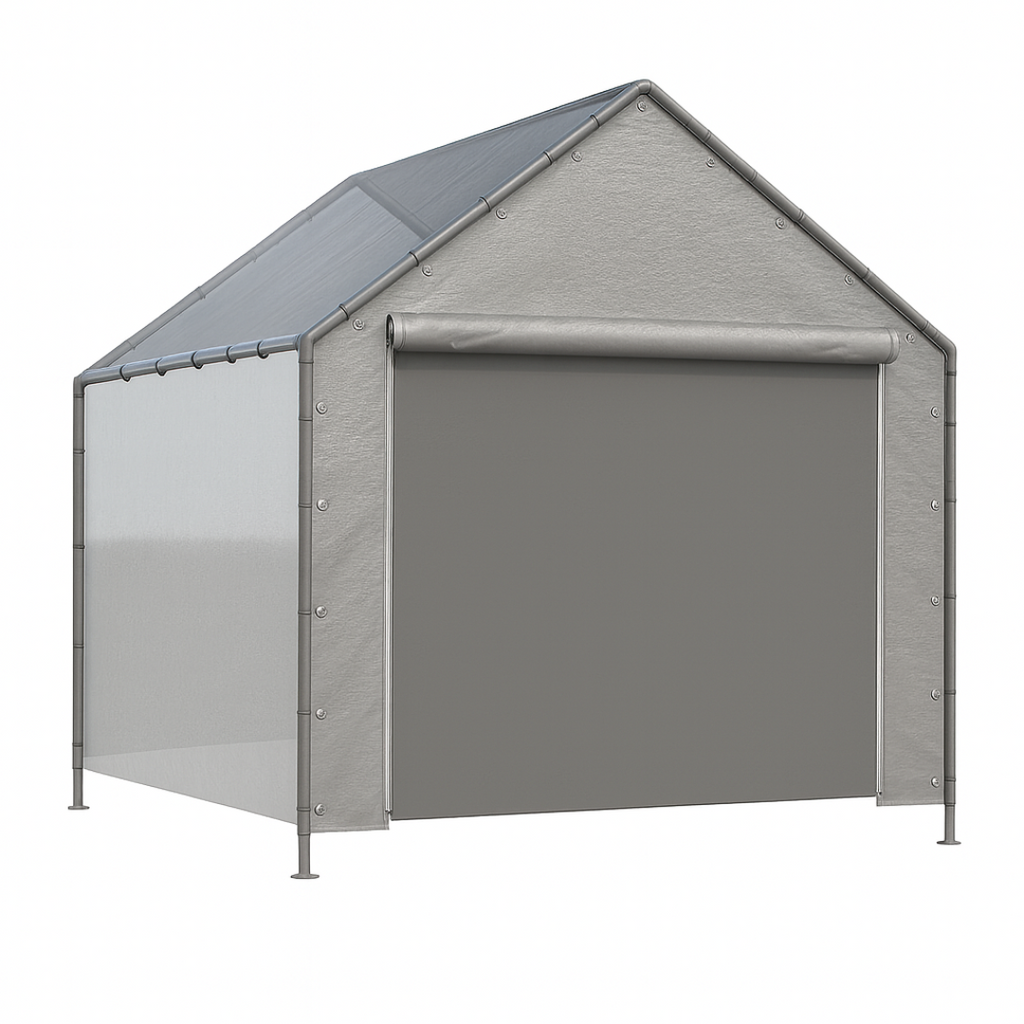 Silver 18' peak end wall with zipper creating a roll up shelter door opening