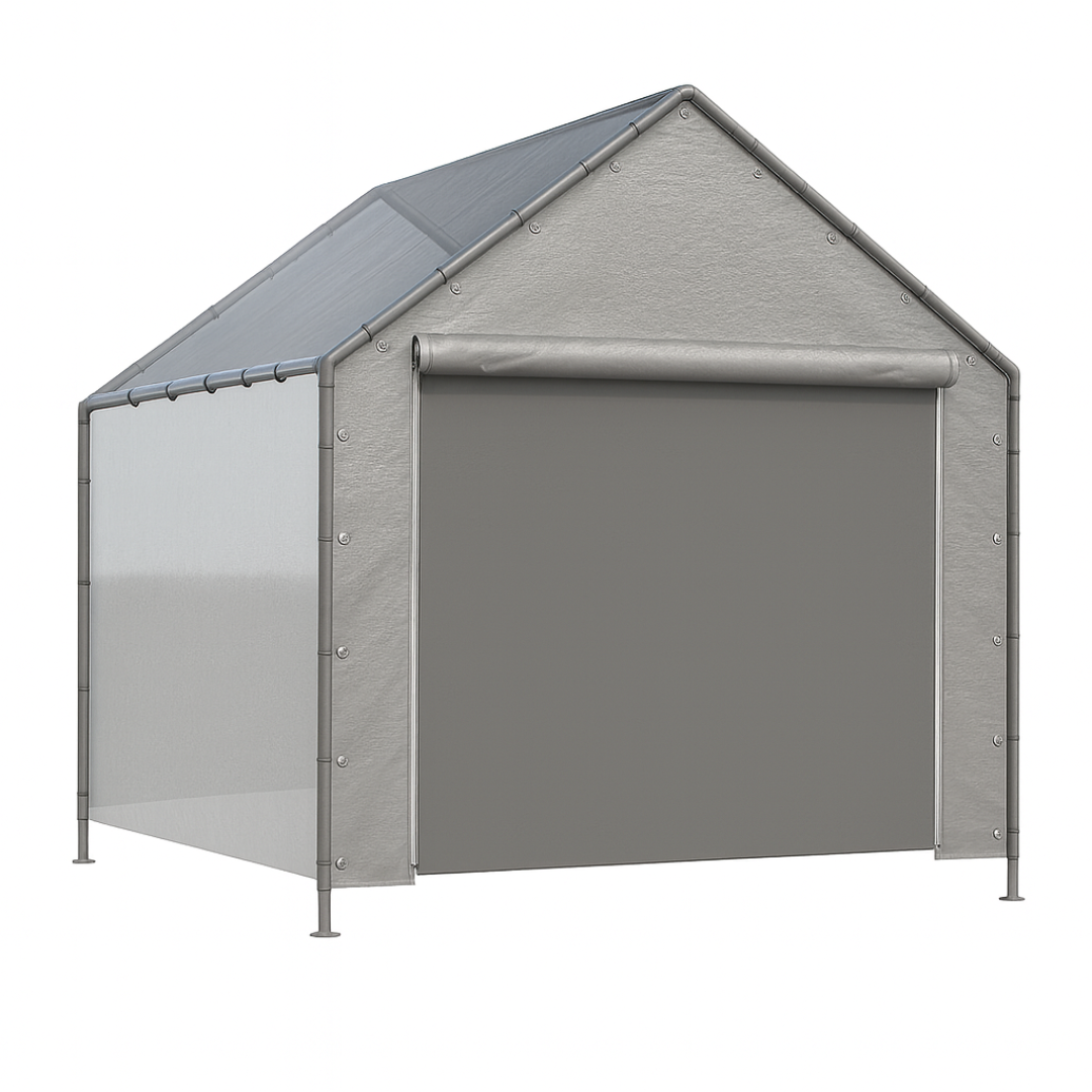 Silver 18' peak end wall with zipper creating a roll up shelter door opening