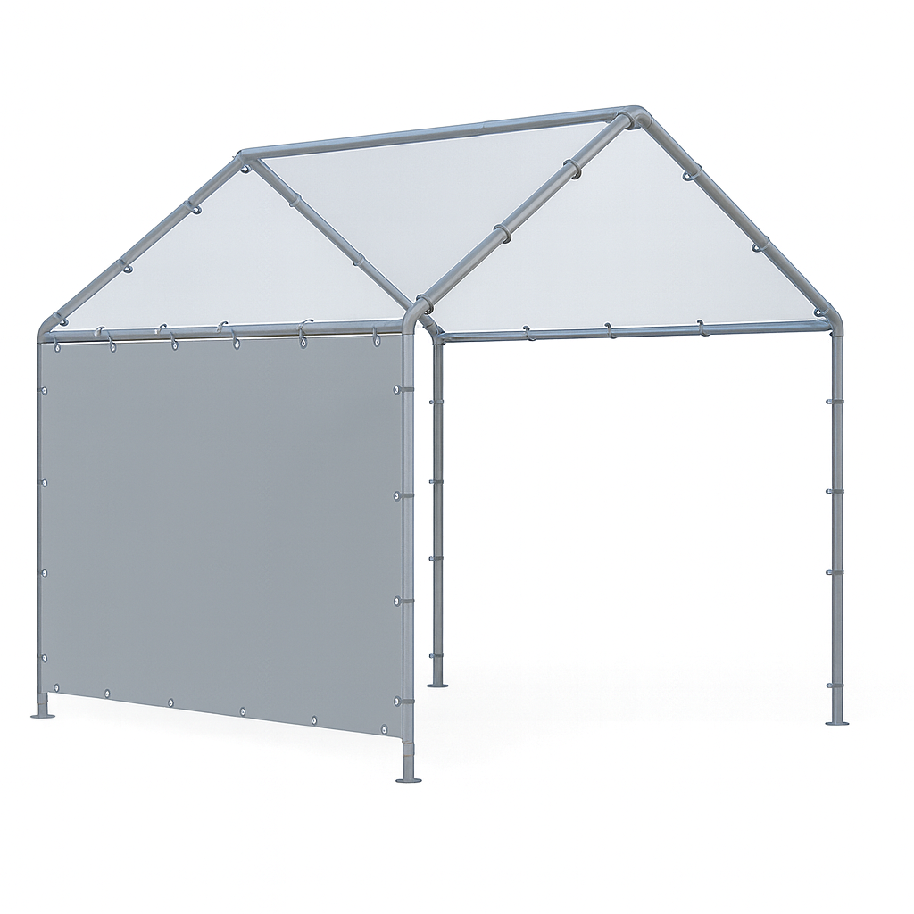 Silver 7' x 16' side wall creating a protective shelter panel