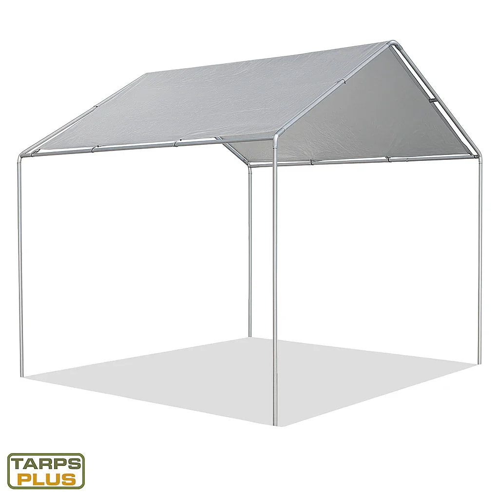 Silver 10' x 10' tarp canopy installed on a frame mounted roof structures