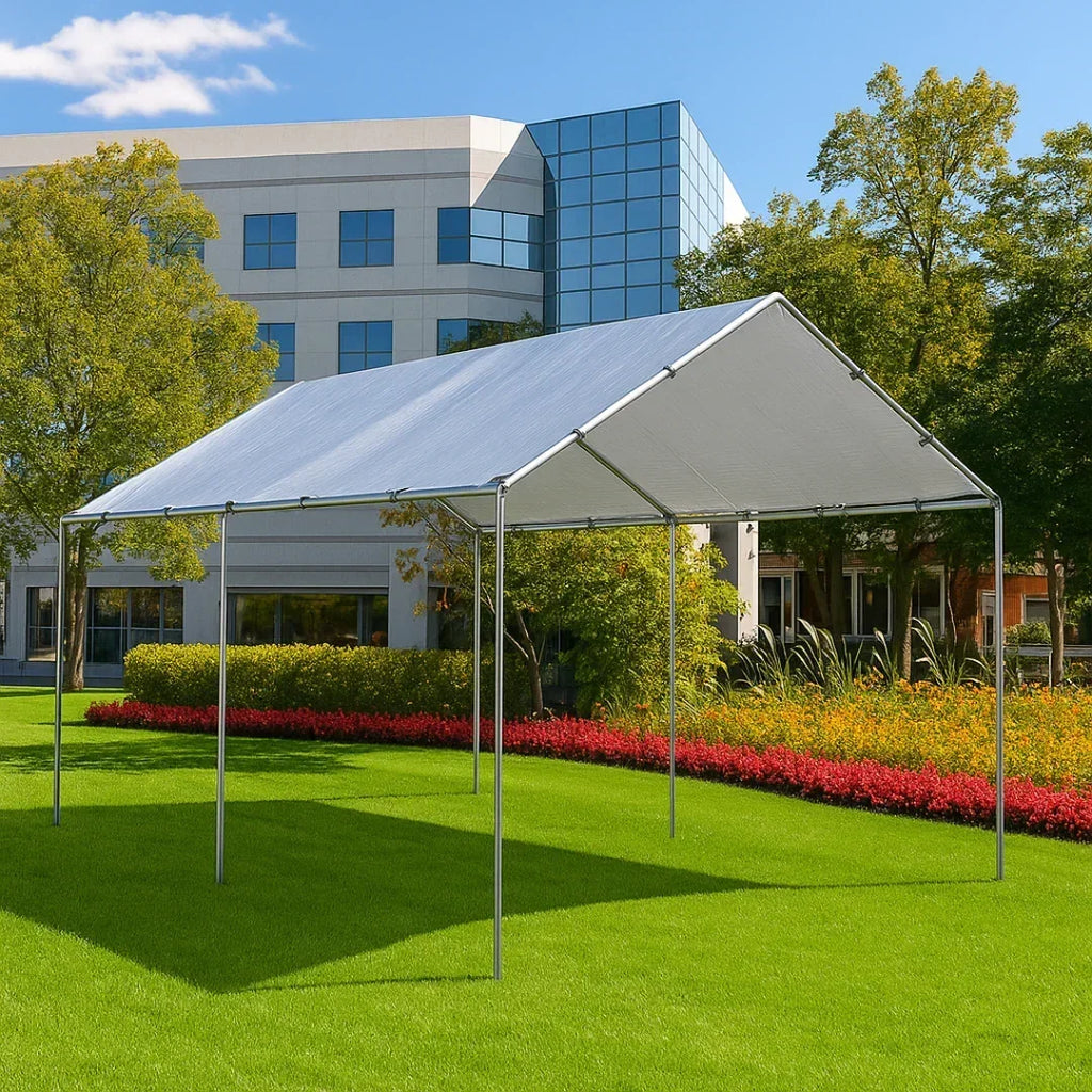 Silver 10' x 16' tarp canopy offering weather resistant coverages
