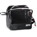 Rapala Rapid Pack is a compact black fishing tackle bag with a clear plastic top, fabric base, zippered main compartment, and a small handle loop for easy carrying.