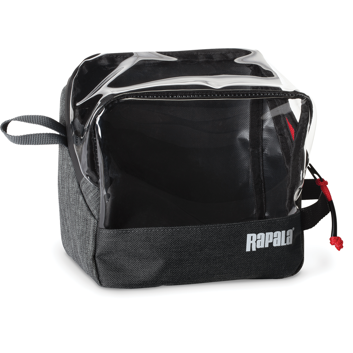 Rapala Rapid Pack is a compact black fishing tackle bag with a clear plastic top, fabric base, zippered main compartment, and a small handle loop for easy carrying.