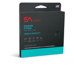 Packaging of Scientific Anglers Sonar Titan I/3/5 Fly Line in black and teal box showing product branding and features for full sink fly fishing line with triple density design.