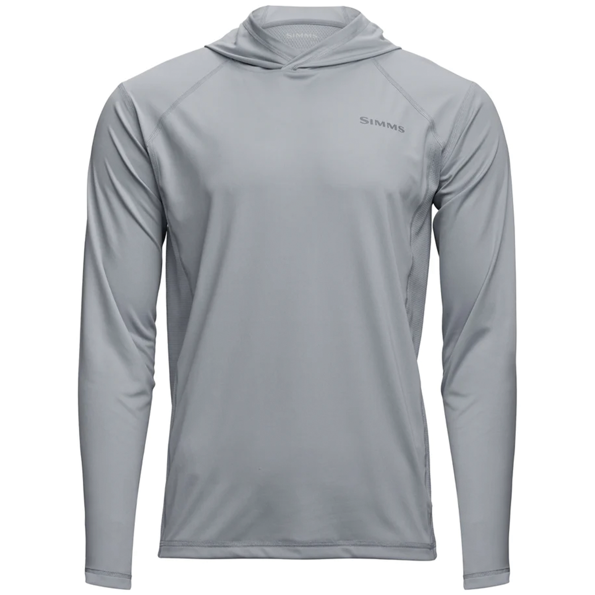 Simms Challenger Solar Hoody - Men's, light gray long-sleeve fishing hoodie with breathable, moisture-wicking fabric designed for sun protection during fishing and outdoor activities.