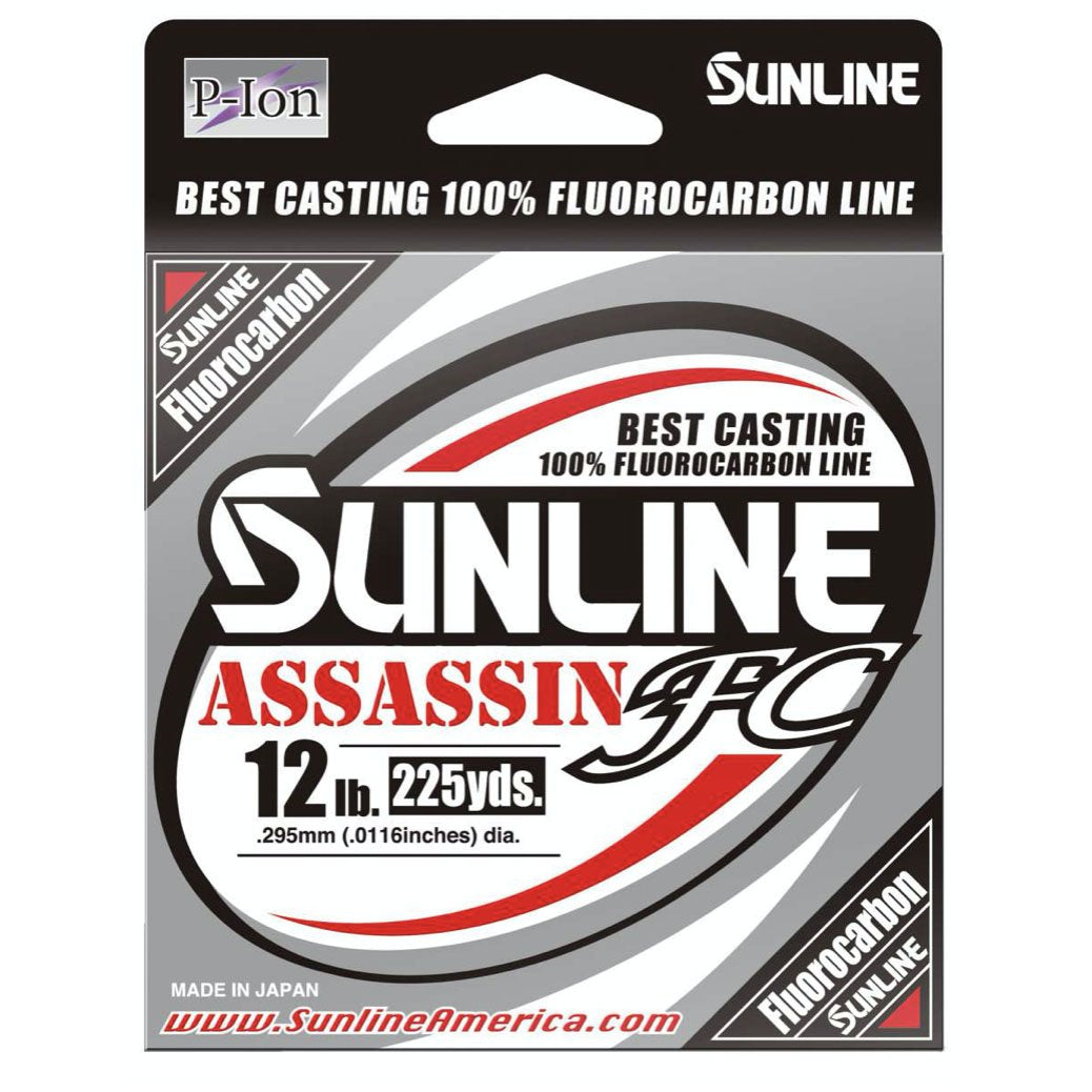 Packaging of Sunline Assassin FC fishing line in silver and black with red and white accents, highlighting 100% fluorocarbon material, 12 lb test strength, and 225 yards length.