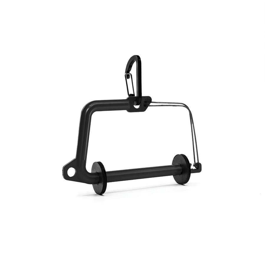 Scientific Anglers Switch Tippet Holder in black, featuring a lightweight frame with a wire loop and a built-in clip for secure attachment, designed for organized fishing tackle management.