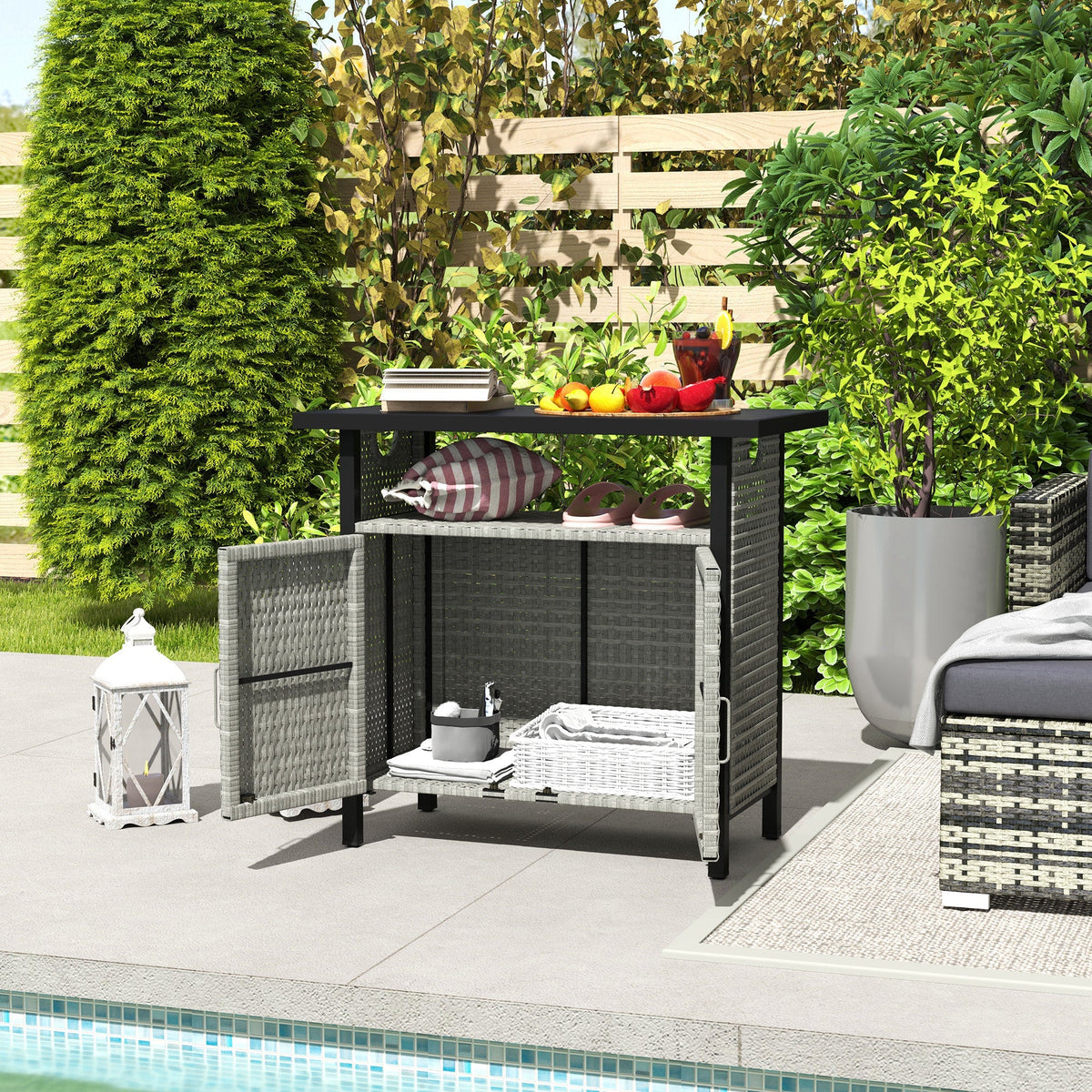 Outdoor Outdoor Bar Table with Shelf and Cabinet, Rattan Pool Towel Holder Pool Valet, Gray