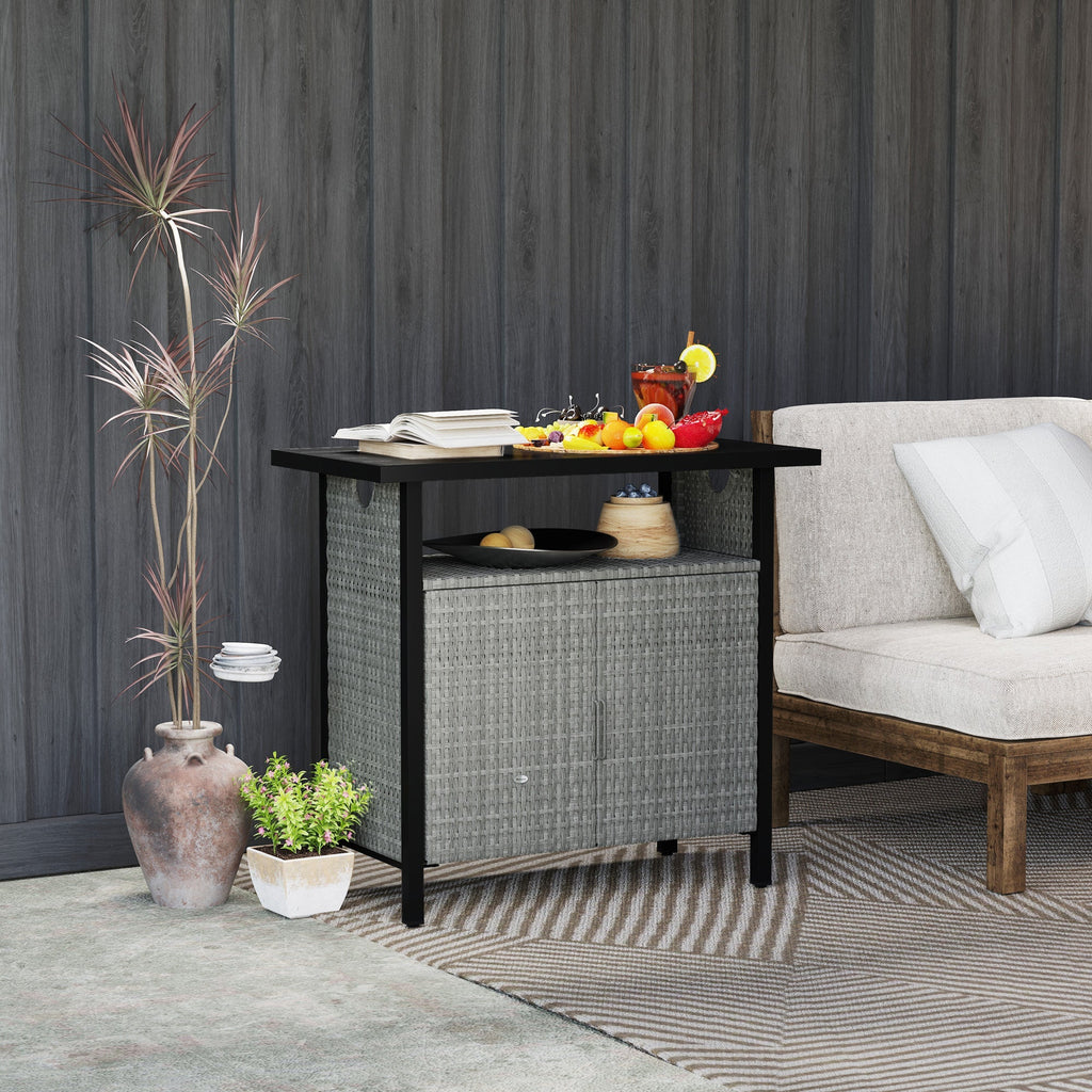 Outdoor Outdoor Bar Table with Shelf and Cabinet, Rattan Pool Towel Holder Pool Valet, Gray