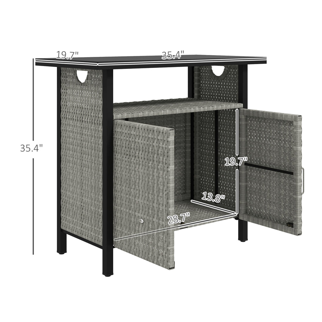 Outdoor Outdoor Bar Table with Shelf and Cabinet, Rattan Pool Towel Holder Pool Valet, Gray