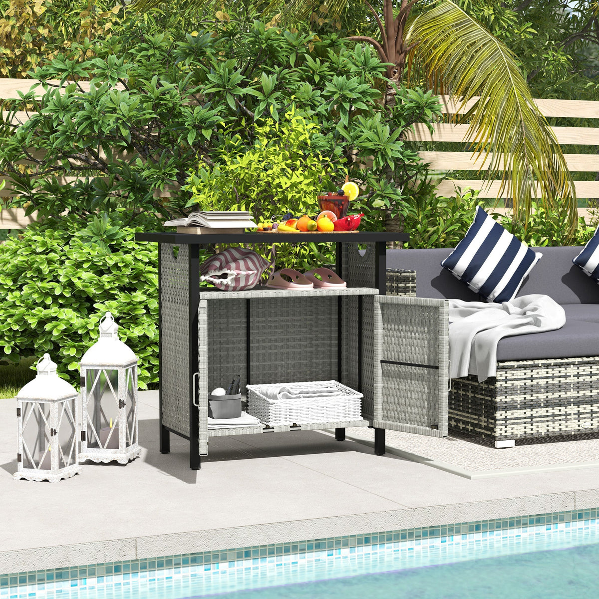 Outdoor Outdoor Bar Table with Shelf and Cabinet, Rattan Pool Towel Holder Pool Valet, Gray