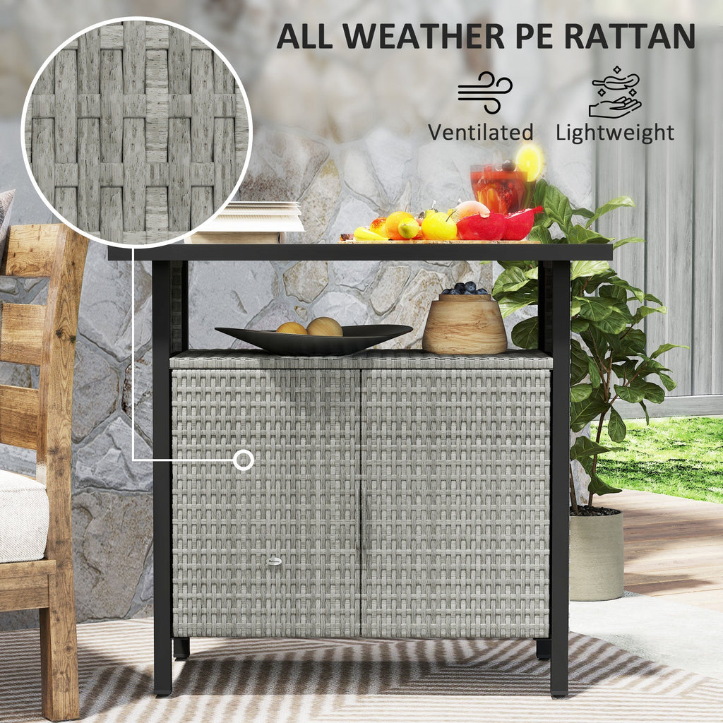 Outdoor Outdoor Bar Table with Shelf and Cabinet, Rattan Pool Towel Holder Pool Valet, Gray