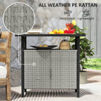 Outdoor Outdoor Bar Table with Shelf and Cabinet, Rattan Pool Towel Holder Pool Valet, Gray