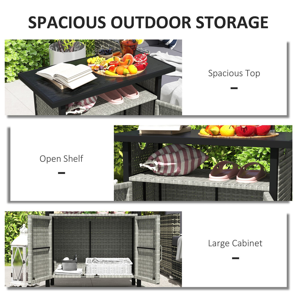 Outdoor Outdoor Bar Table with Shelf and Cabinet, Rattan Pool Towel Holder Pool Valet, Gray