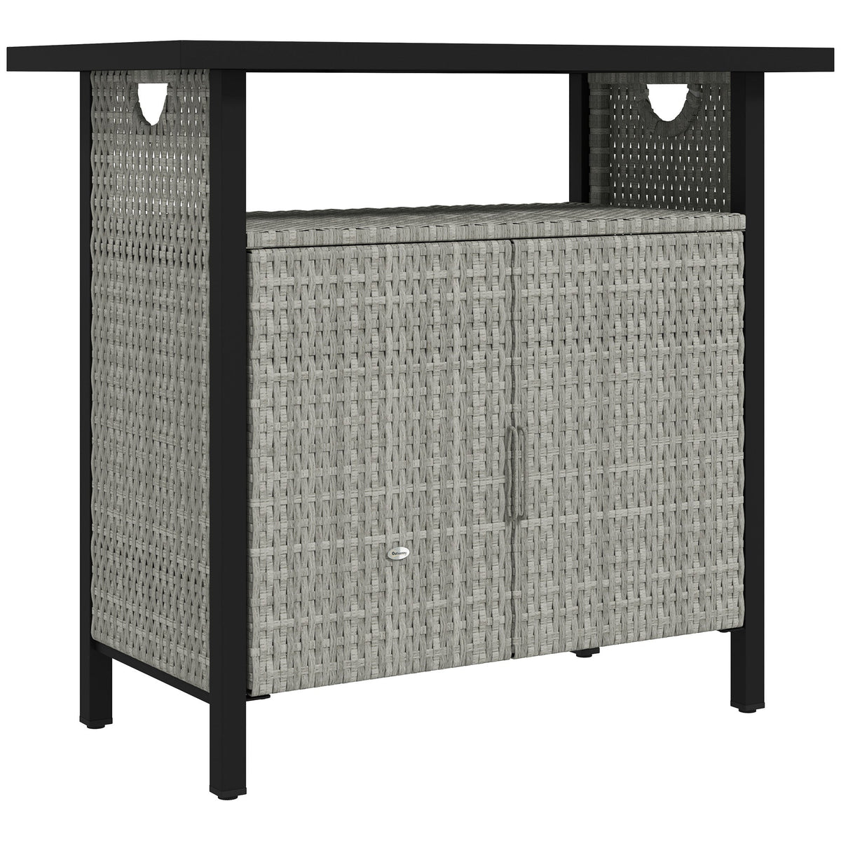 Outdoor Outdoor Bar Table with Shelf and Cabinet, Rattan Pool Towel Holder Pool Valet, Gray