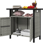 Outdoor Outdoor Bar Table with Shelf and Cabinet, Rattan Pool Towel Holder Pool Valet, Gray