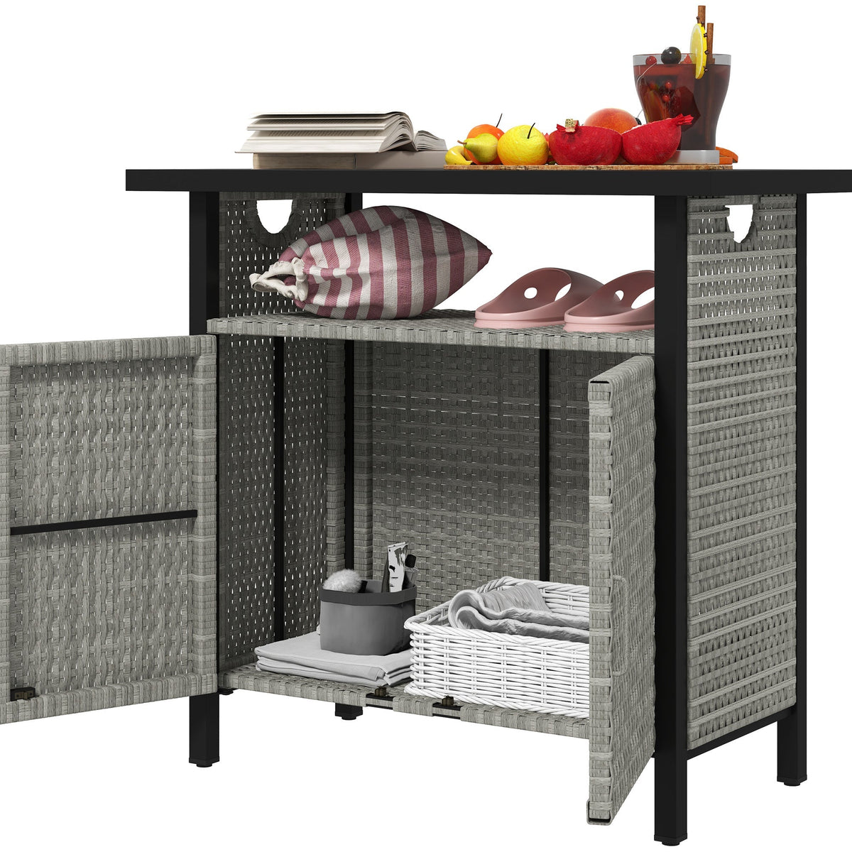 Outdoor Outdoor Bar Table with Shelf and Cabinet, Rattan Pool Towel Holder Pool Valet, Gray
