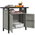 Outdoor Outdoor Bar Table with Shelf and Cabinet, Rattan Pool Towel Holder Pool Valet, Gray