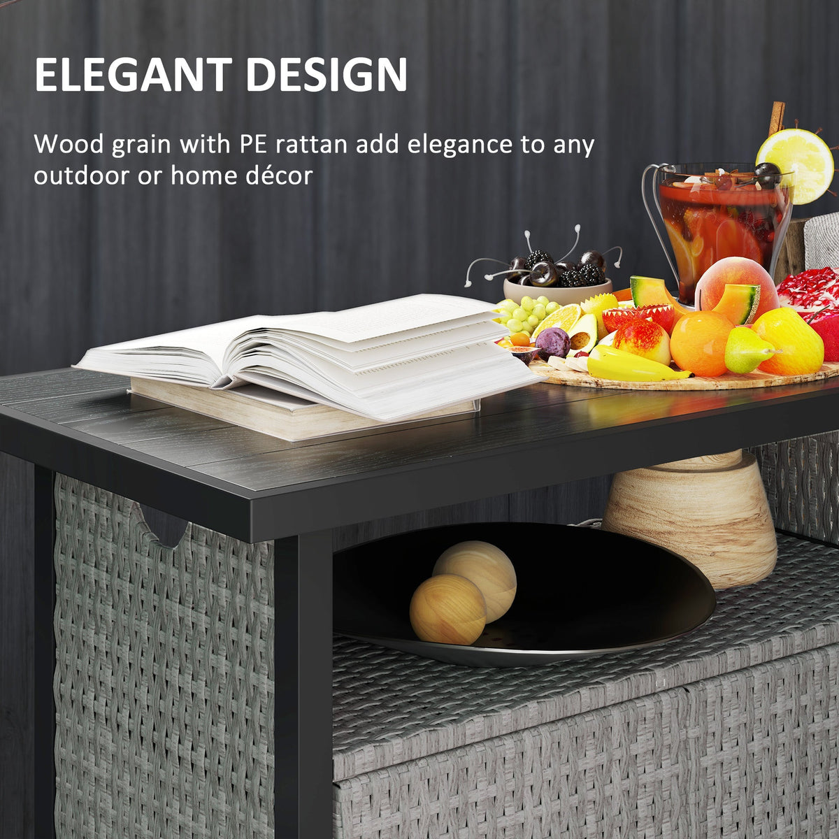 Outdoor Outdoor Bar Table with Shelf and Cabinet, Rattan Pool Towel Holder Pool Valet, Gray