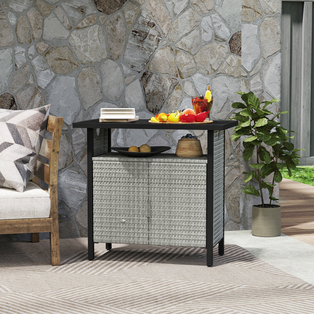 Outdoor Outdoor Bar Table with Shelf and Cabinet, Rattan Pool Towel Holder Pool Valet, Gray
