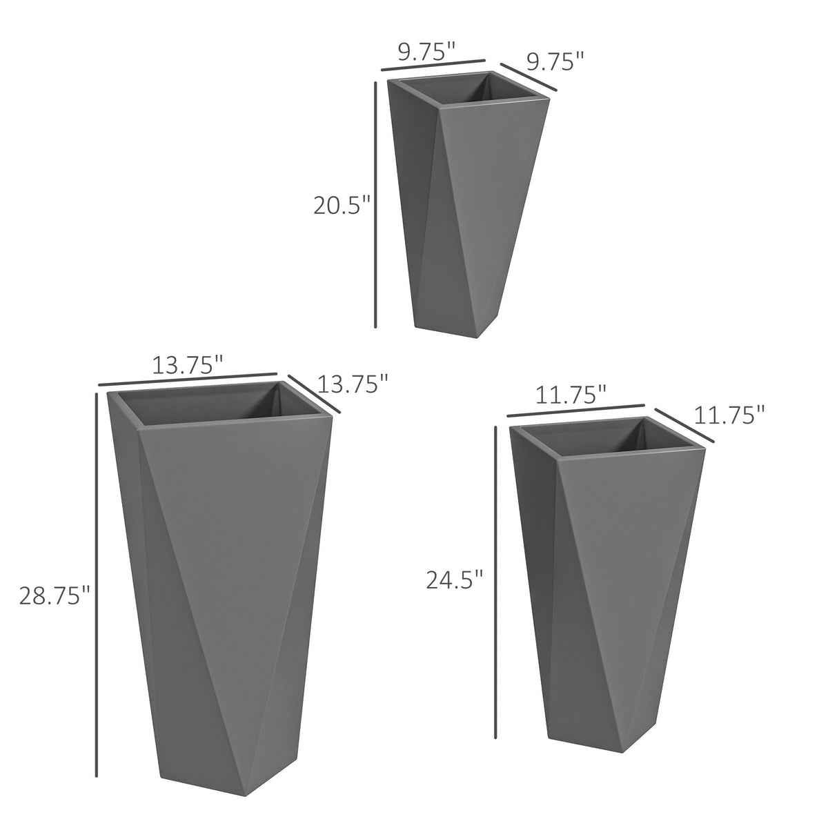 Set of 3 Tall Planters, 28.75", 24.5", 20.5", MgO Indoor Outdoor Planters with Drainage Holes, Stackable Flower Pots for Garden, Patio, Balcony, Front Door, Gray