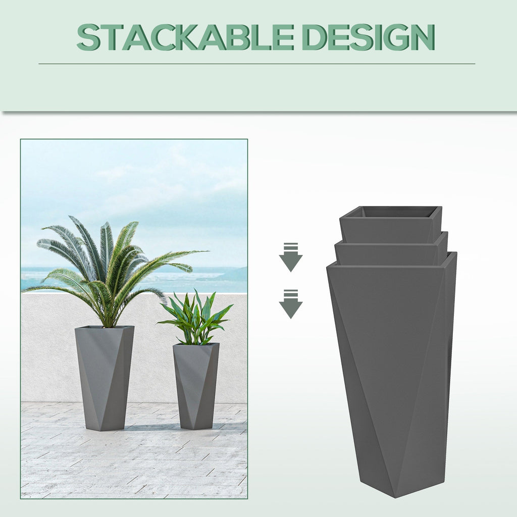 Set of 3 Tall Planters, 28.75", 24.5", 20.5", MgO Indoor Outdoor Planters with Drainage Holes, Stackable Flower Pots for Garden, Patio, Balcony, Front Door, Gray