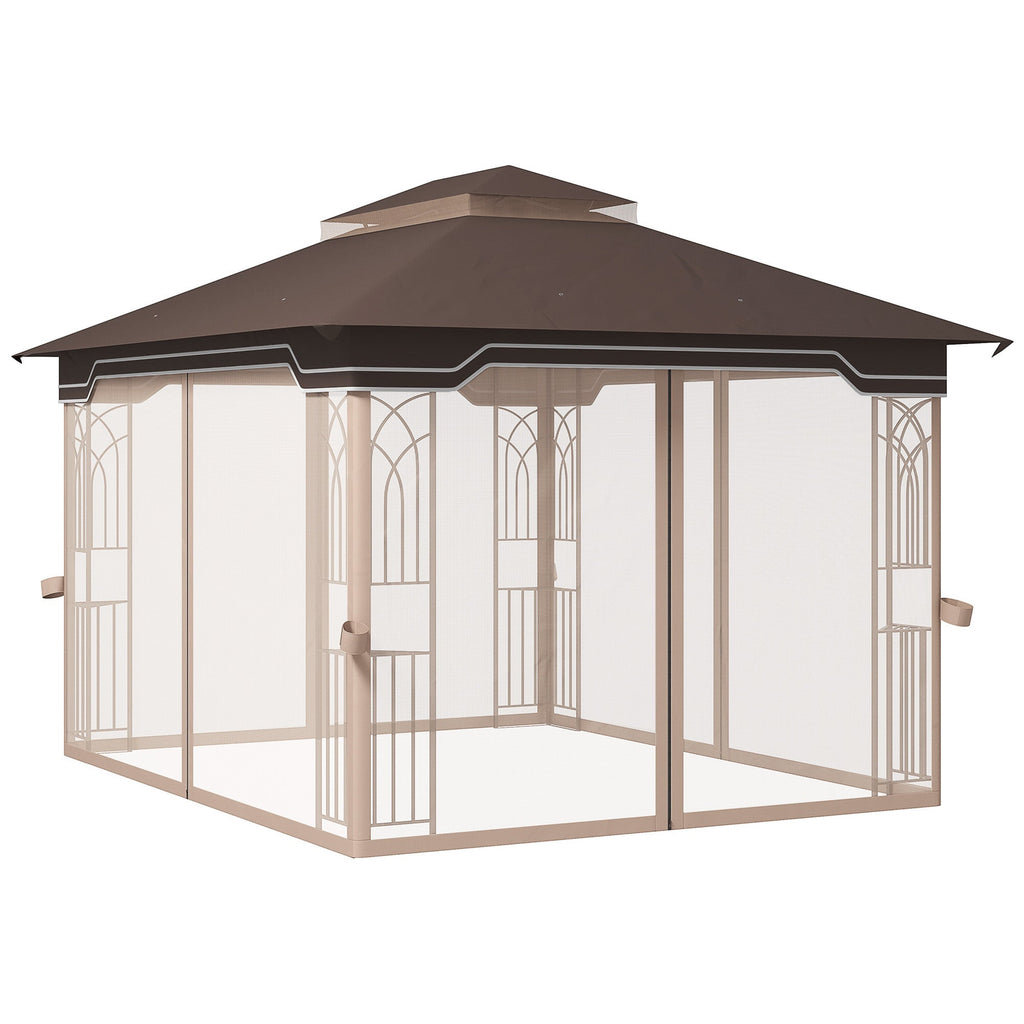 12' x 10' Patio Gazebo with Double Tier Roof and Netting Sidewalls, Brown