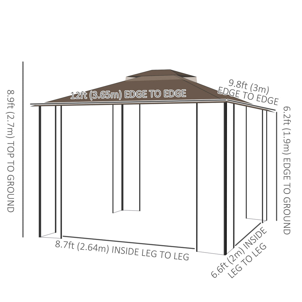 12' x 10' Patio Gazebo with Double Tier Roof and Netting Sidewalls, Brown