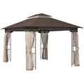 12' x 10' Patio Gazebo with Double Tier Roof and Netting Sidewalls, Brown
