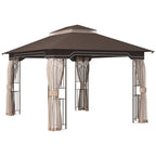 12' x 10' Patio Gazebo with Double Tier Roof and Netting Sidewalls, Brown